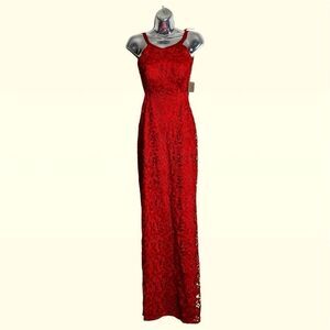 Aidan by Aidan Mattox Red Halter Backless Size Split Column Lace Gown Size 0